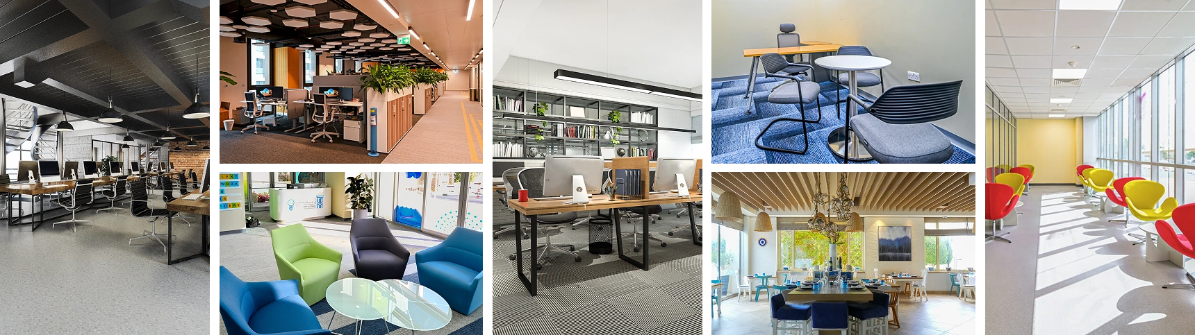 A diverse collage of modern office workspaces, including open-plan areas, collaborative zones, a reception, a dining area, and a waiting area, showcasing varied work environments and aesthetics for corporate offices.