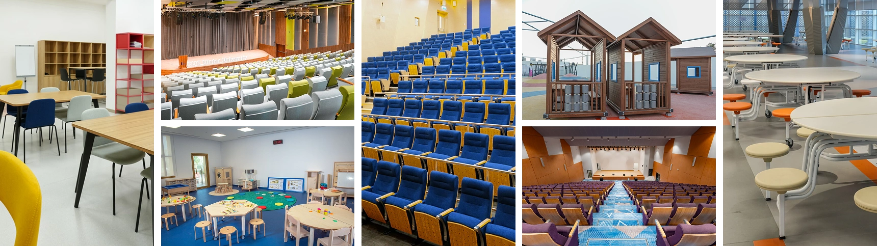 A collage of various learning spaces: classrooms, auditoriums, outdoor playhouses, and a large cafeteria, showcasing diverse educational institutions' interior design.