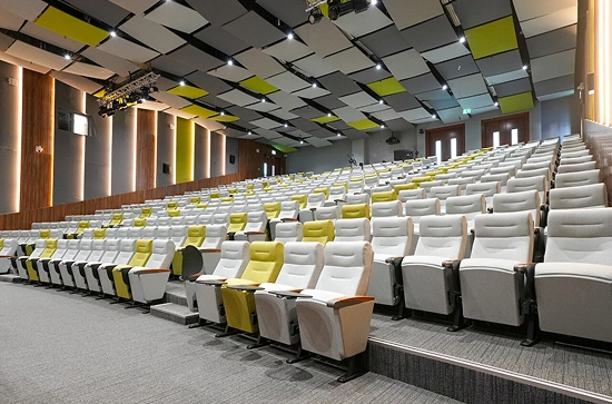 A modern auditorium with grey and yellow seating, acoustic ceiling panels, and wooden wall accents, showcasing expert interior design and fitout for learning spaces.