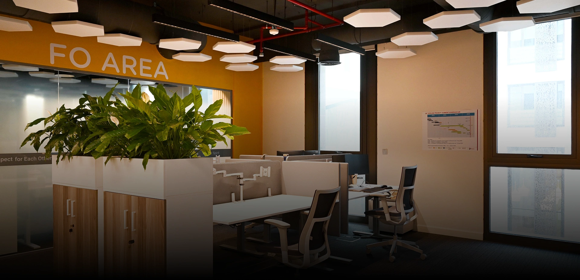 A modern corporate office workspaces with yellow accent walls, green plants in partitions, white desks, ergonomic chairs, and hexagonal acoustic panels.
